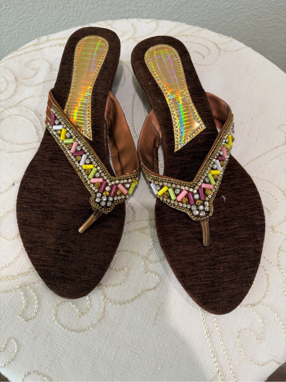 Women's Brown Beaded Thong Sandals